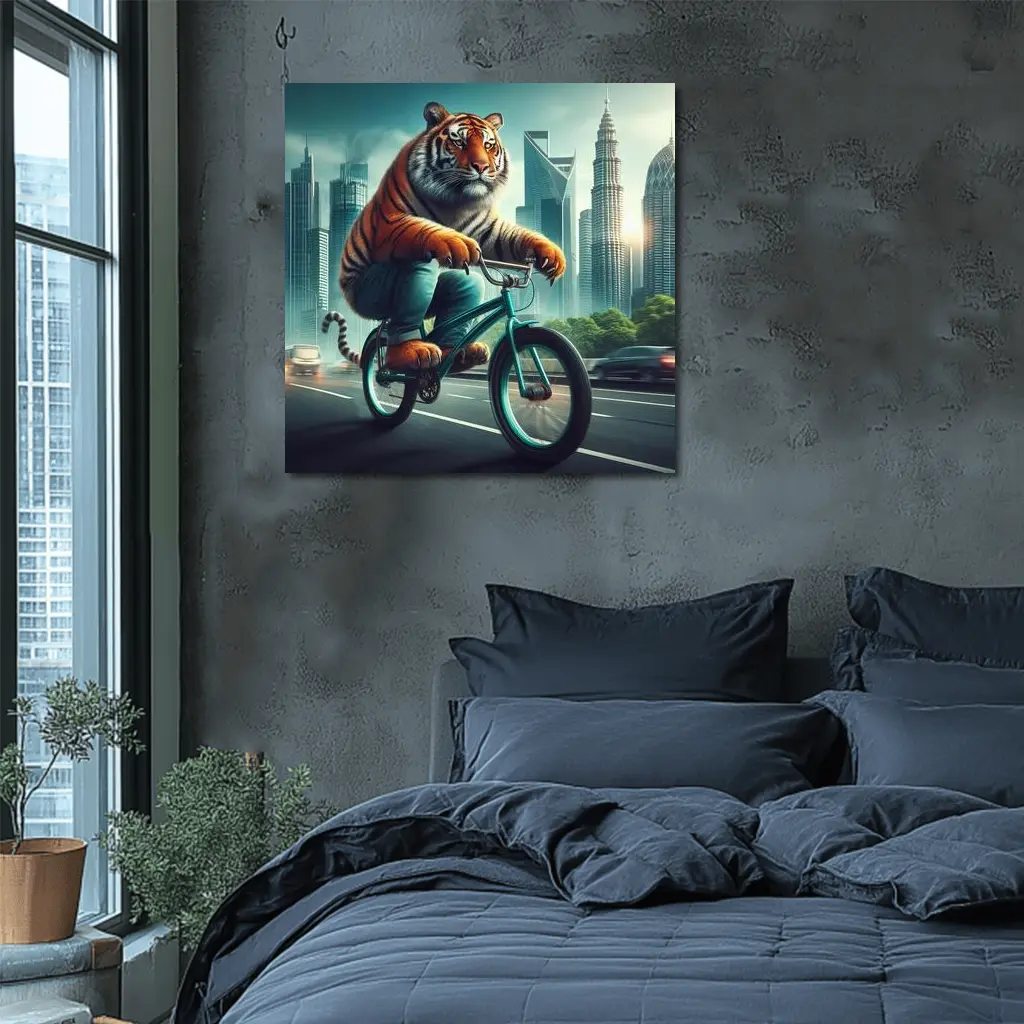 Tiger Riding Bicycle City Skyline Art – Wall Art