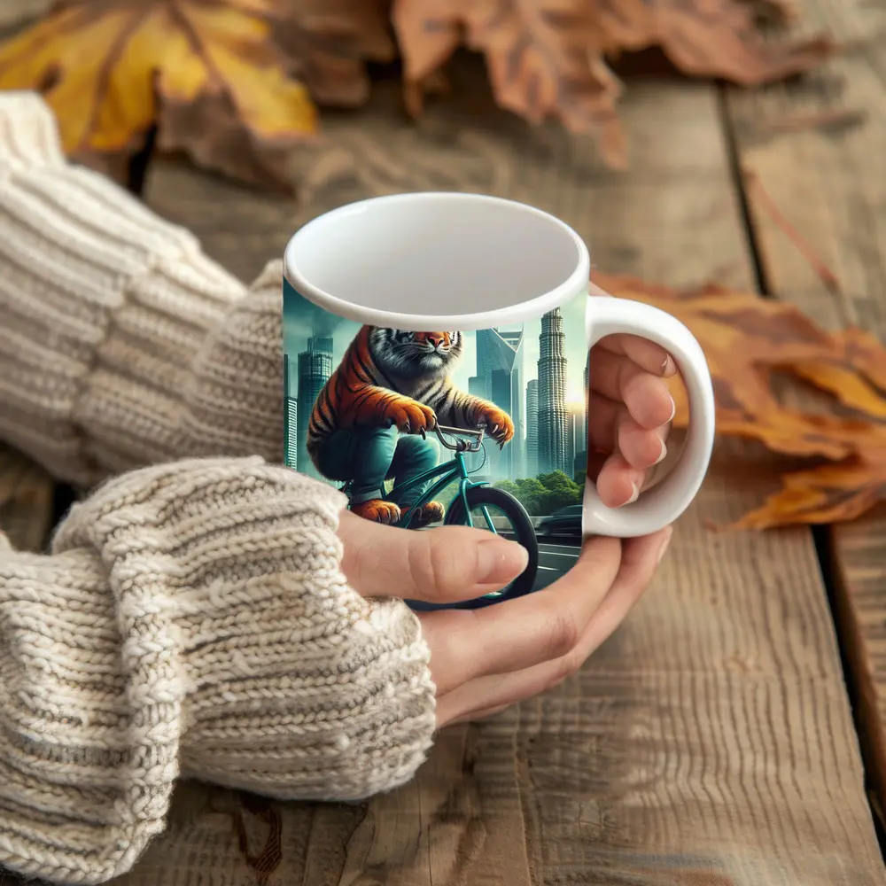 Tiger Riding Bicycle City Skyline Art – Mugs