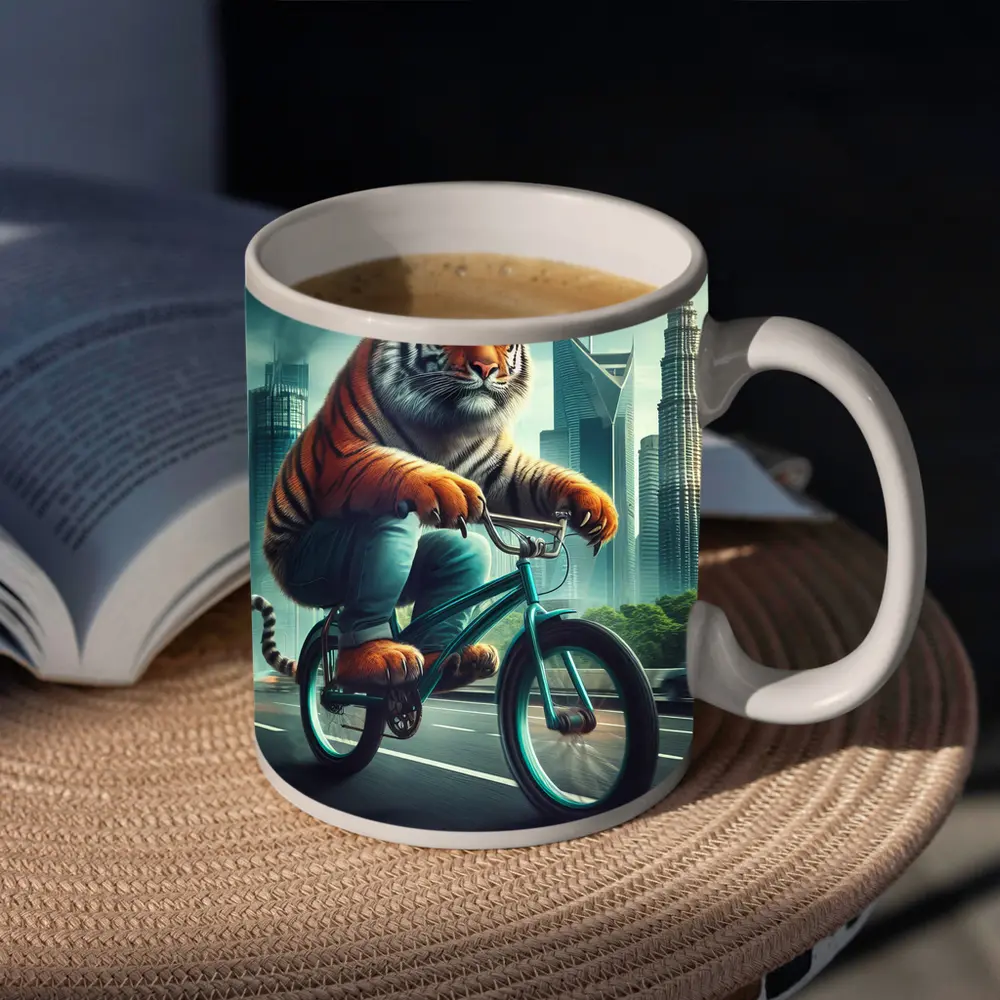 Tiger Riding Bicycle City Skyline Art – Mugs
