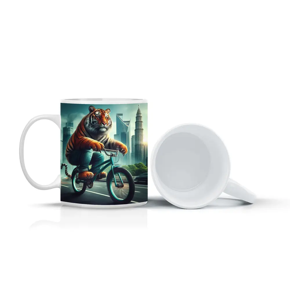 Tiger Riding Bicycle City Skyline Art – Mugs