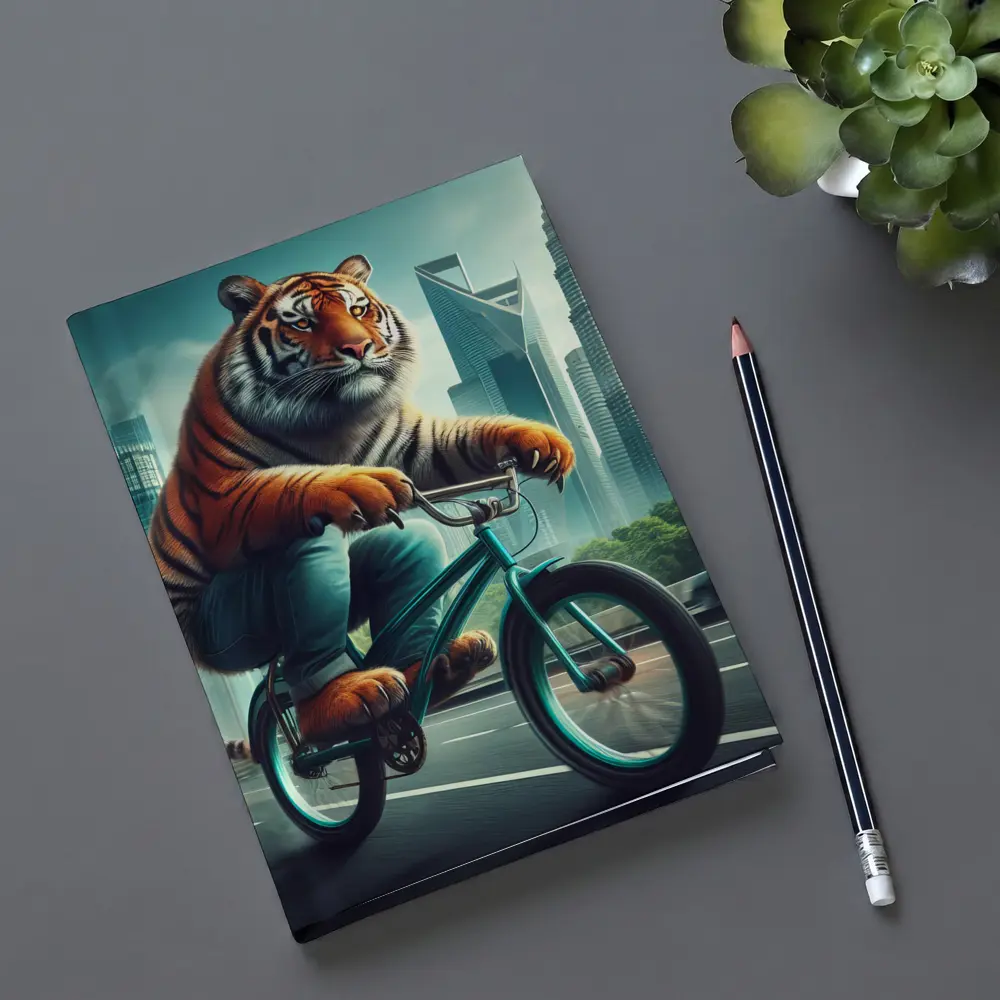 Tiger Riding Bicycle City Skyline Art – Notebooks