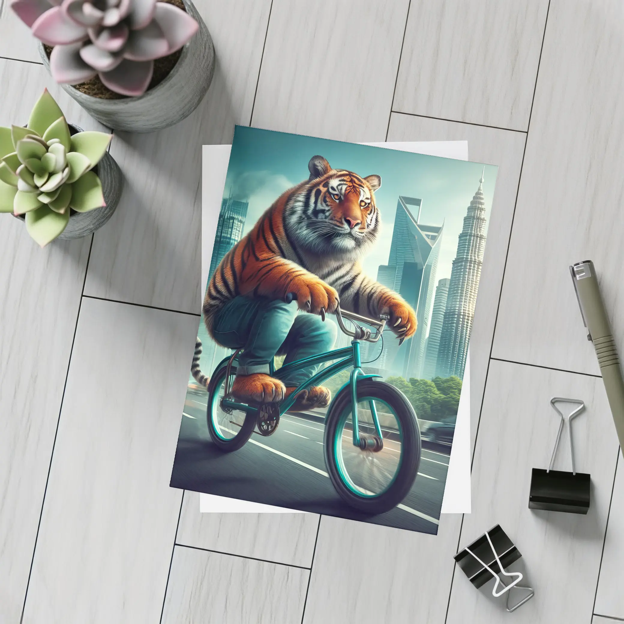 Tiger Riding Bicycle City Skyline Art – Postcards