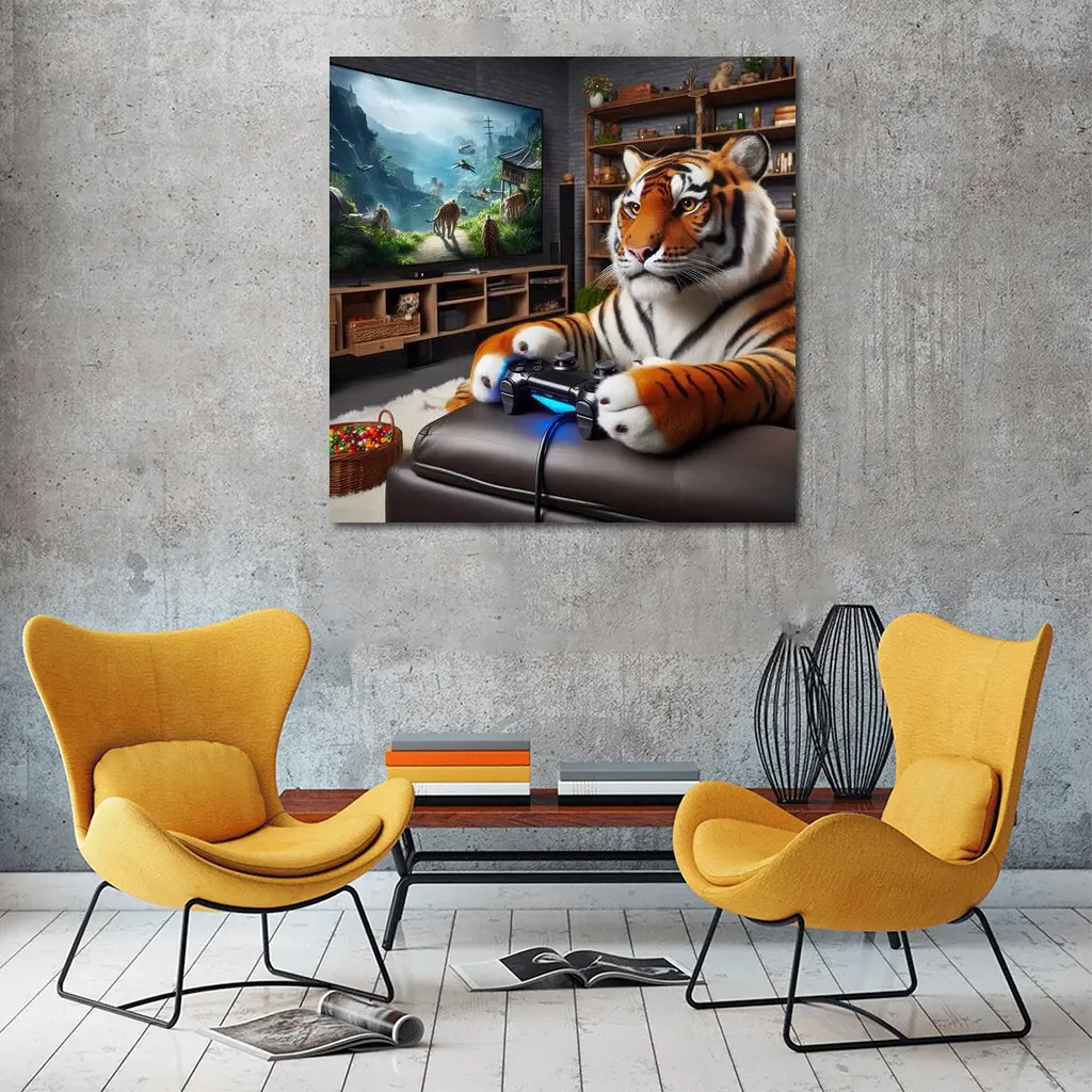 Tiger Playing Video Games Cozy Room – Wall Art