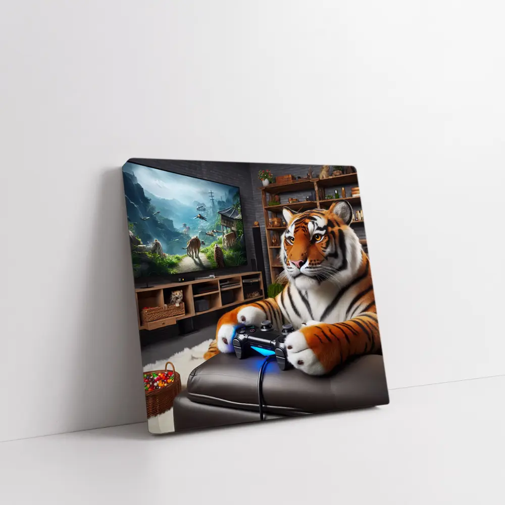 Tiger Playing Video Games Cozy Room – Wall Art