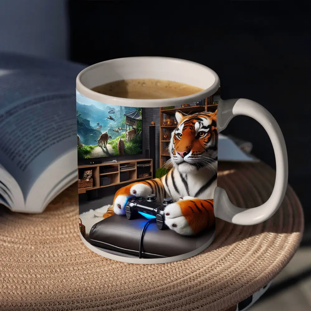 Tiger Playing Video Games Cozy Room – Mugs