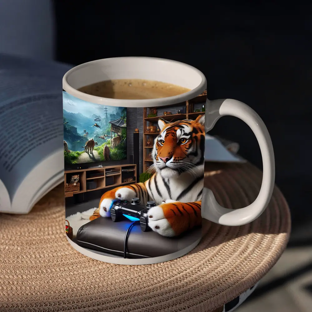 Tiger Playing Video Games Cozy Room – Mugs