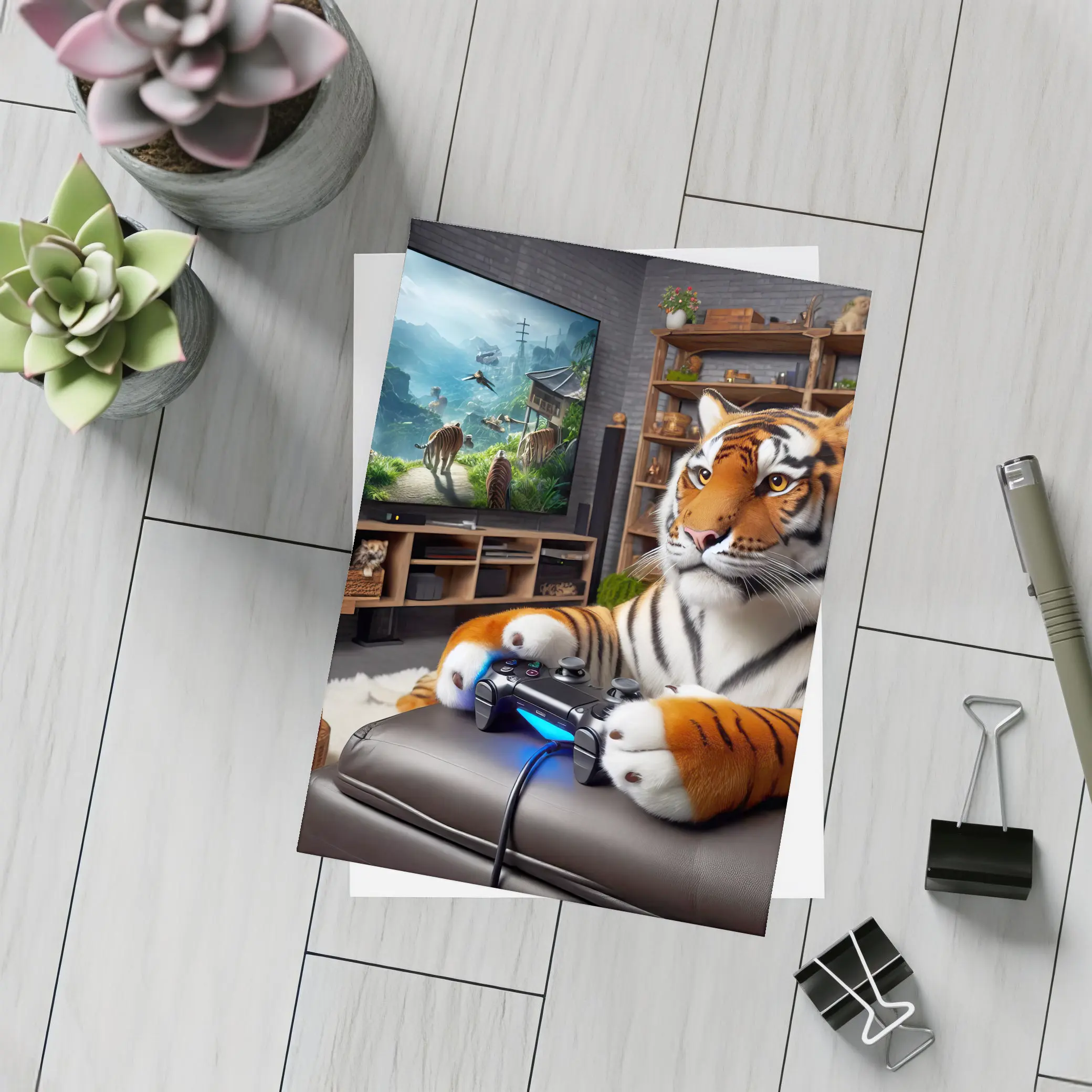 Tiger Playing Video Games Cozy Room – Postcards