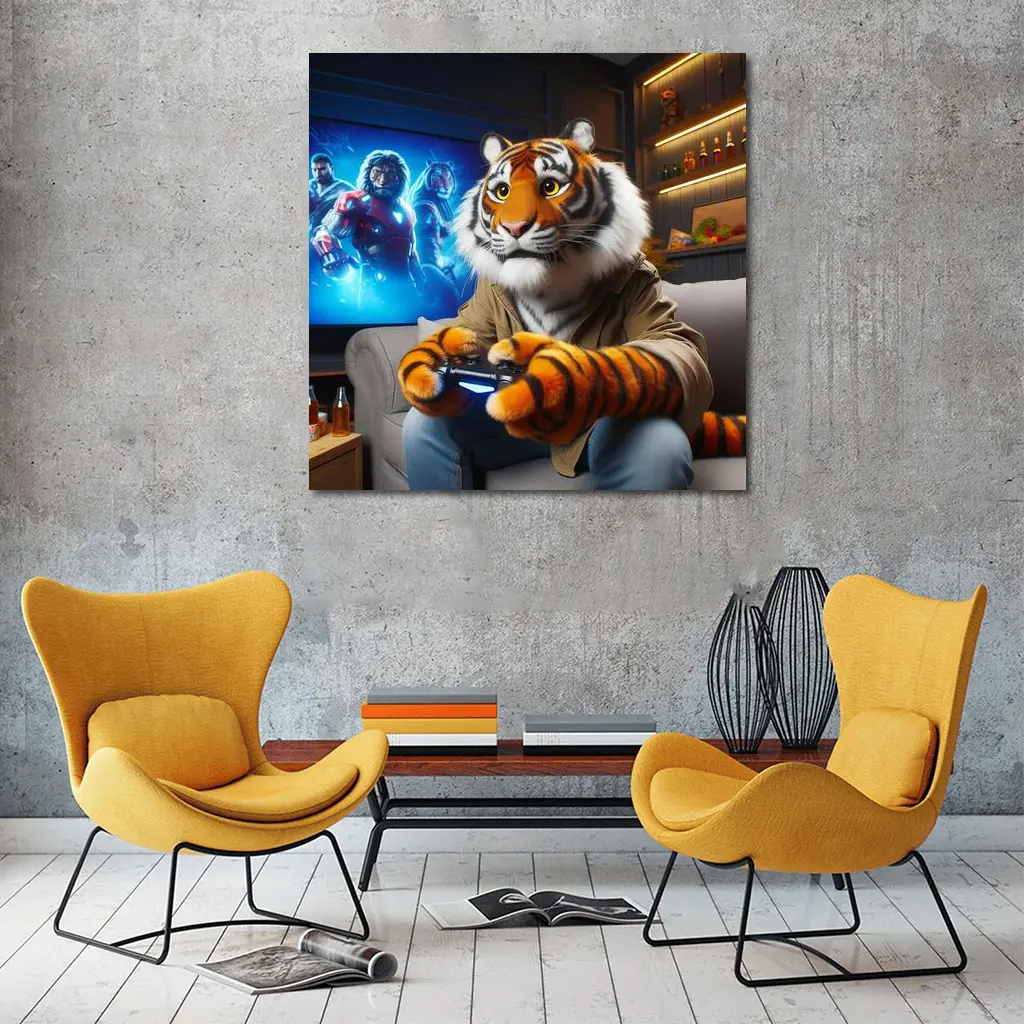 Tiger Gaming Controller Couch Neon Room – Wall Art