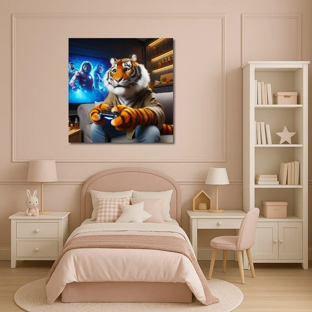Tiger Gaming Controller Couch Neon Room – Wall Art