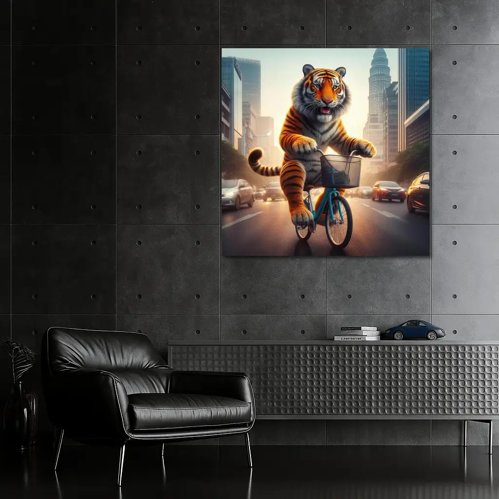 Tiger Riding Bicycle Through City Streets – Wall Art