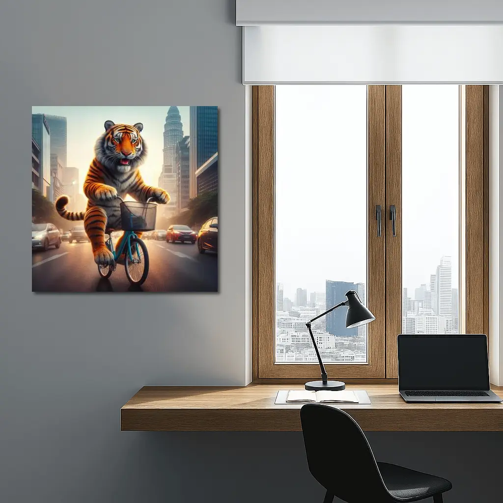 Tiger Riding Bicycle Through City Streets – Wall Art