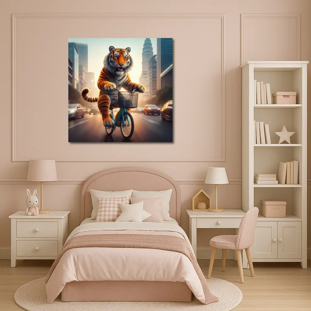 Tiger Riding Bicycle Through City Streets – Wall Art