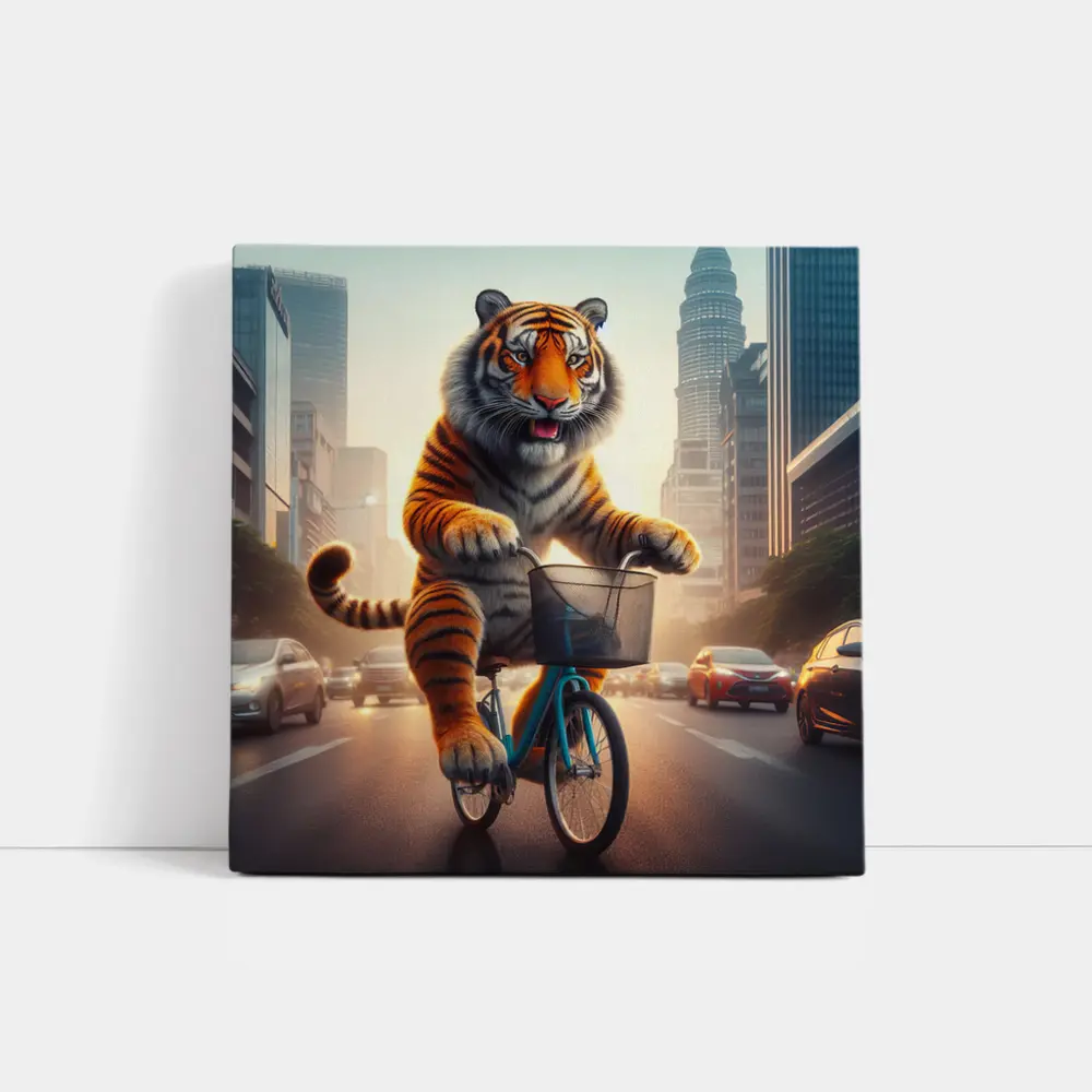 Tiger Riding Bicycle Through City Streets – Wall Art