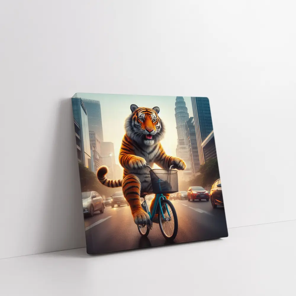 Tiger Riding Bicycle Through City Streets – Wall Art