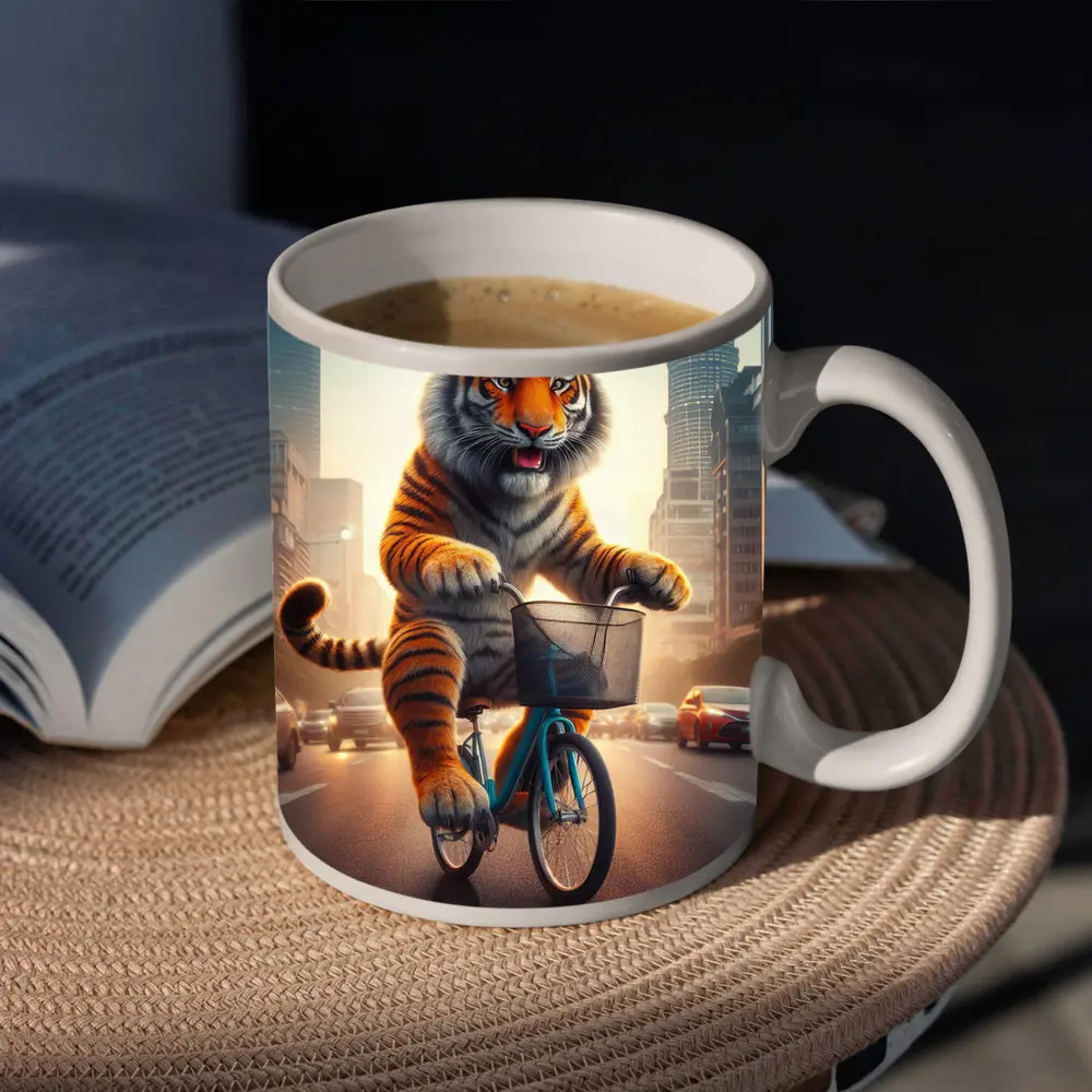 Tiger Riding Bicycle Through City Streets – Mugs