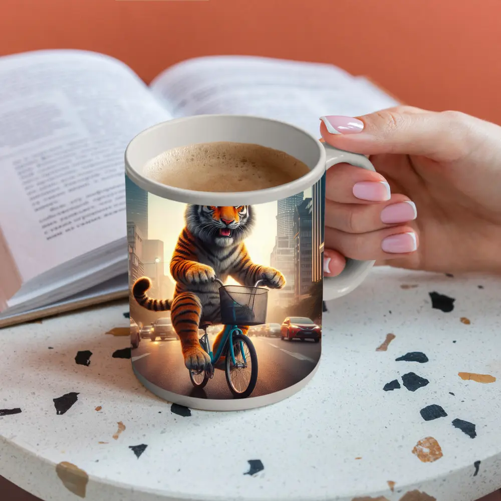 Tiger Riding Bicycle Through City Streets – Mugs