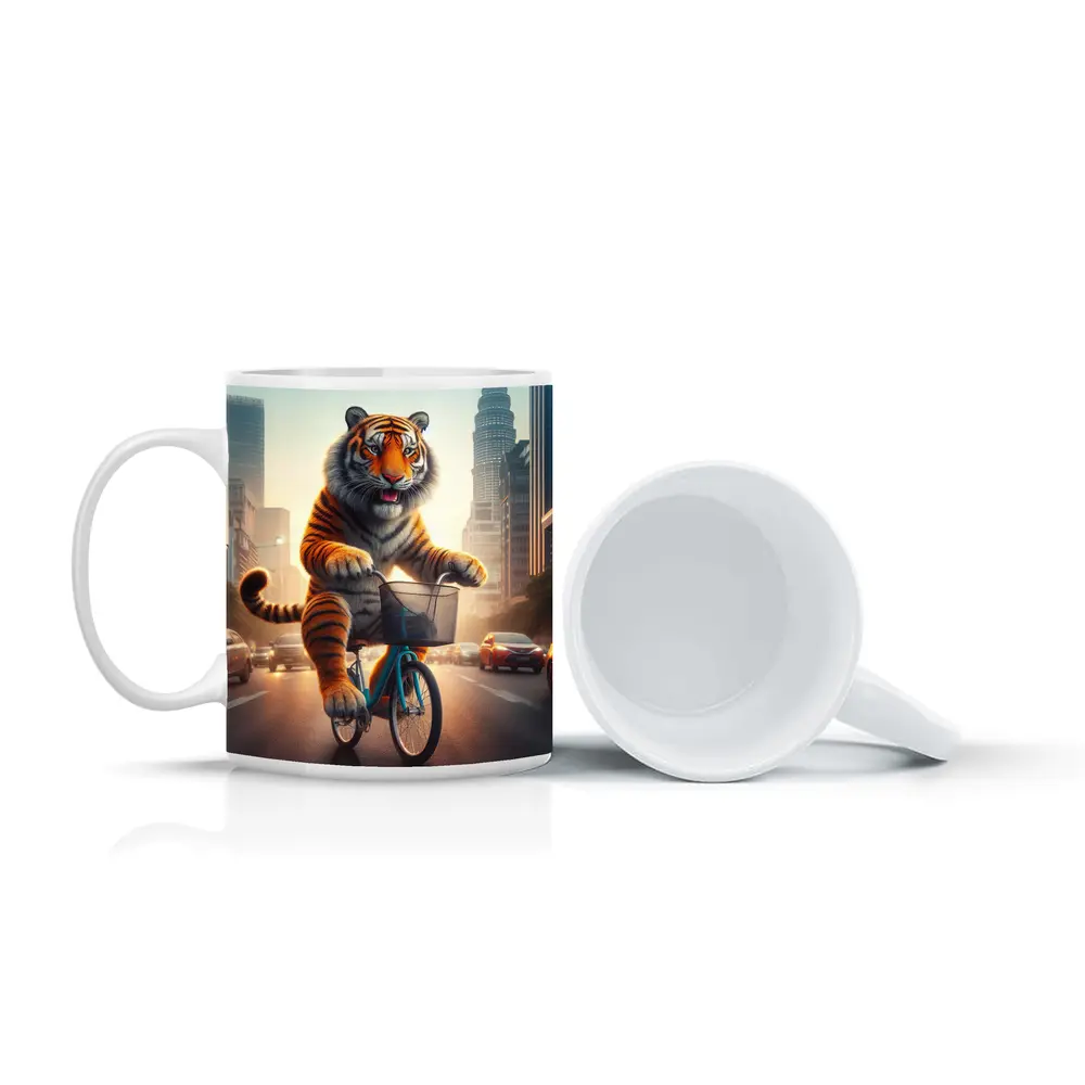 Tiger Riding Bicycle Through City Streets – Mugs
