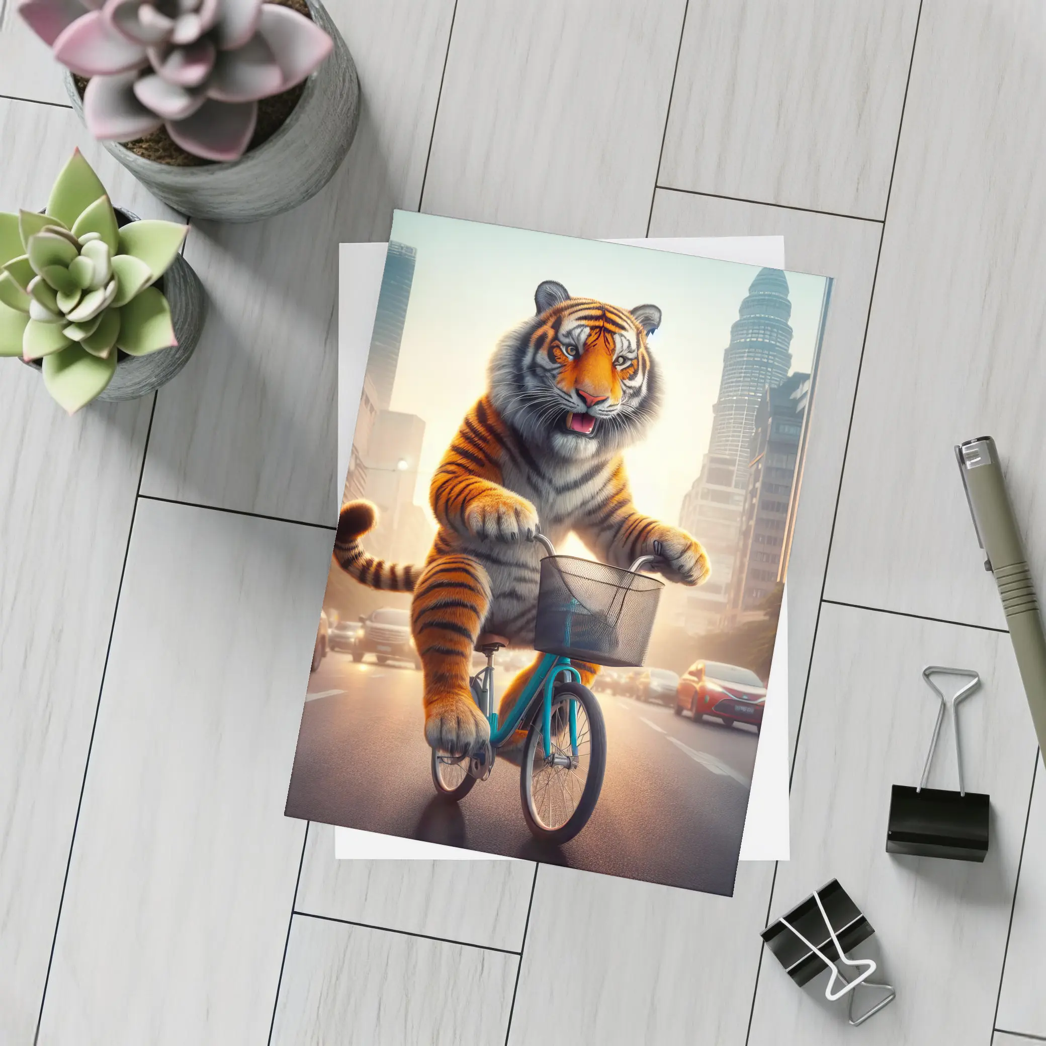 Tiger Riding Bicycle Through City Streets – Postcards