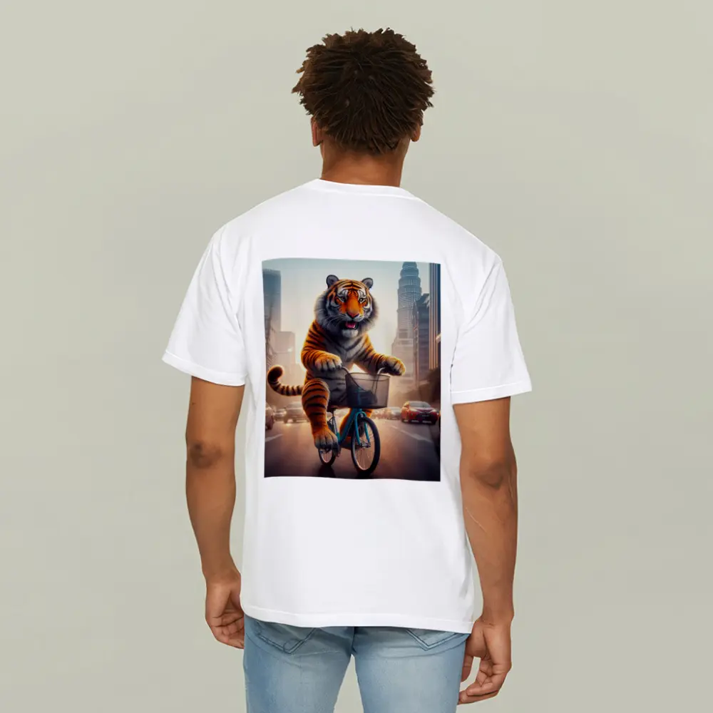 Tiger Riding Bicycle Through City Streets – T-Shirts