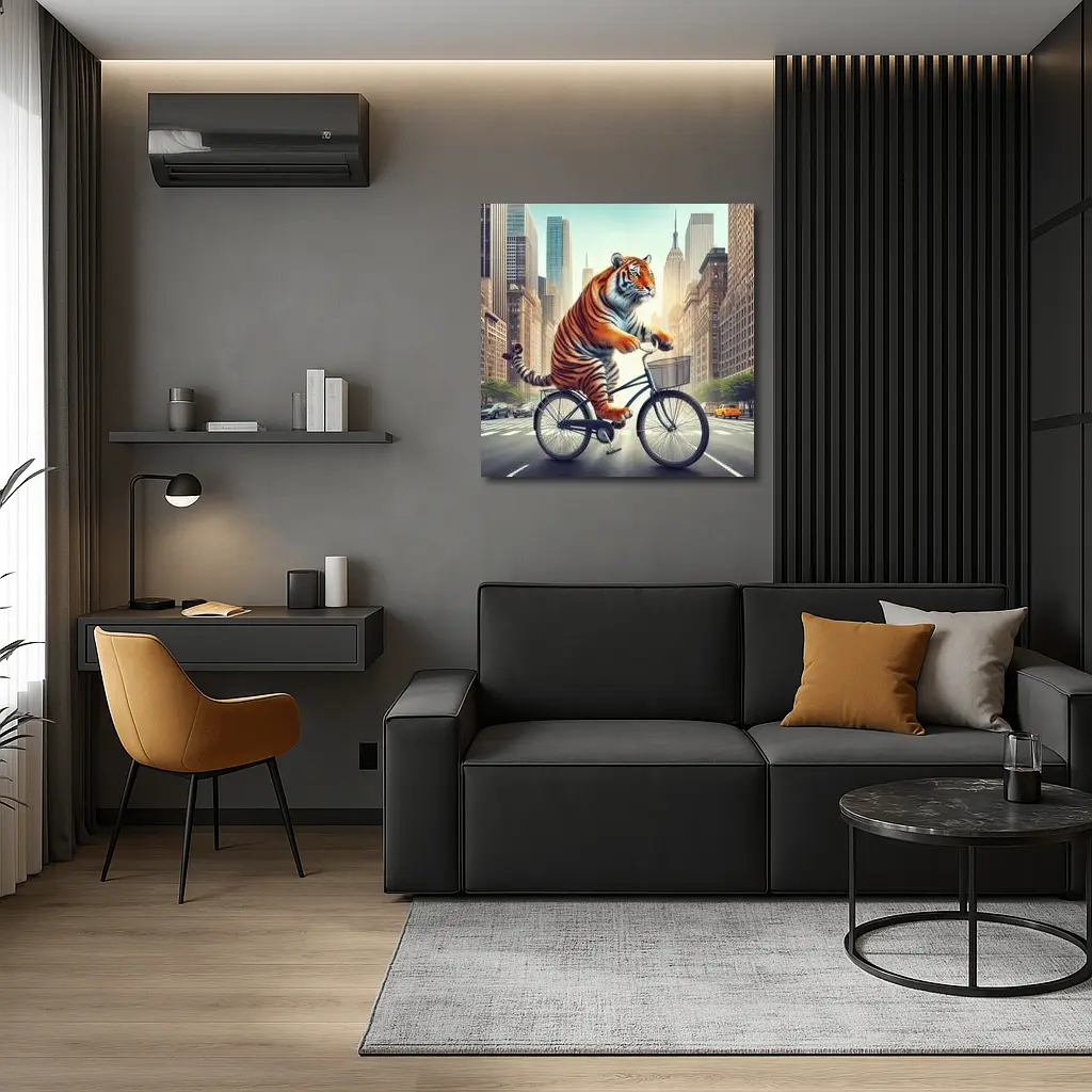 Tiger Riding Bicycle Through City Streets – Wall Art