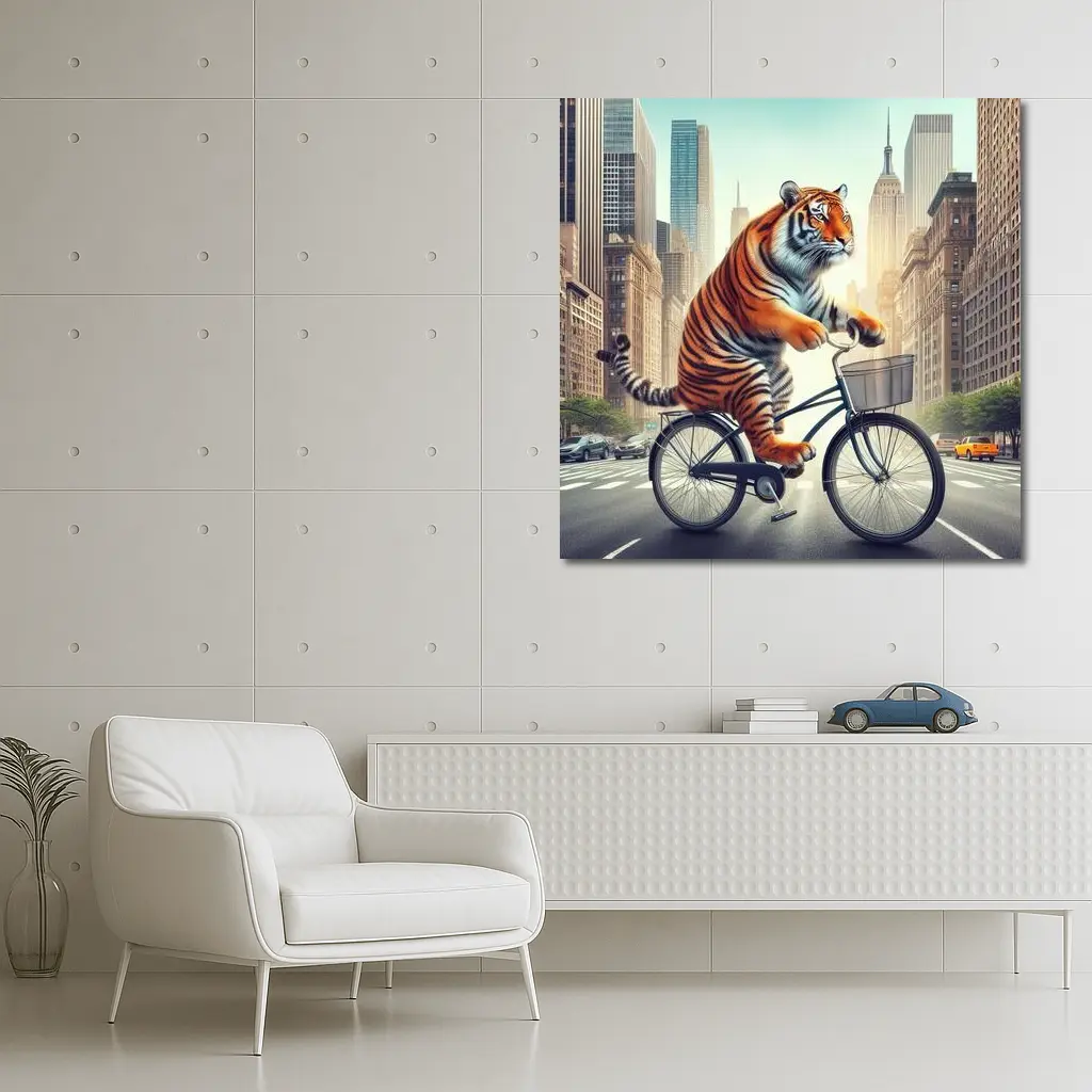 Tiger Riding Bicycle Through City Streets – Wall Art