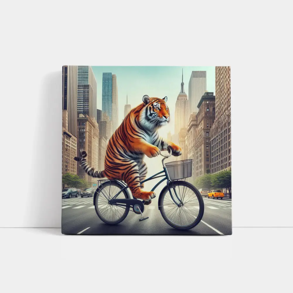 Tiger Riding Bicycle Through City Streets – Wall Art