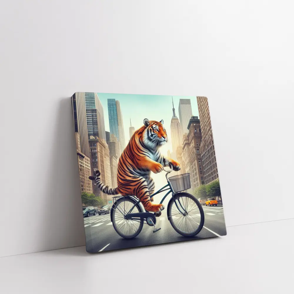 Tiger Riding Bicycle Through City Streets – Wall Art