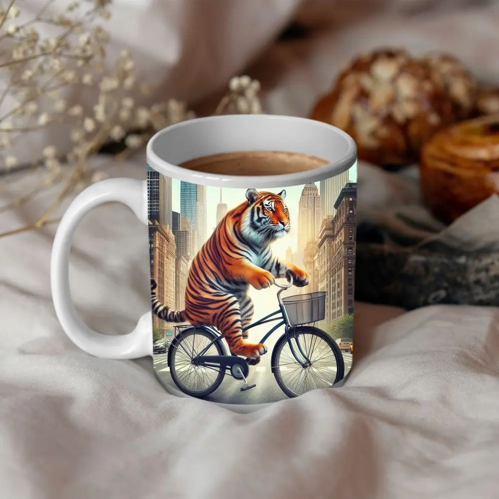 Tiger Riding Bicycle Through City Streets – Mugs