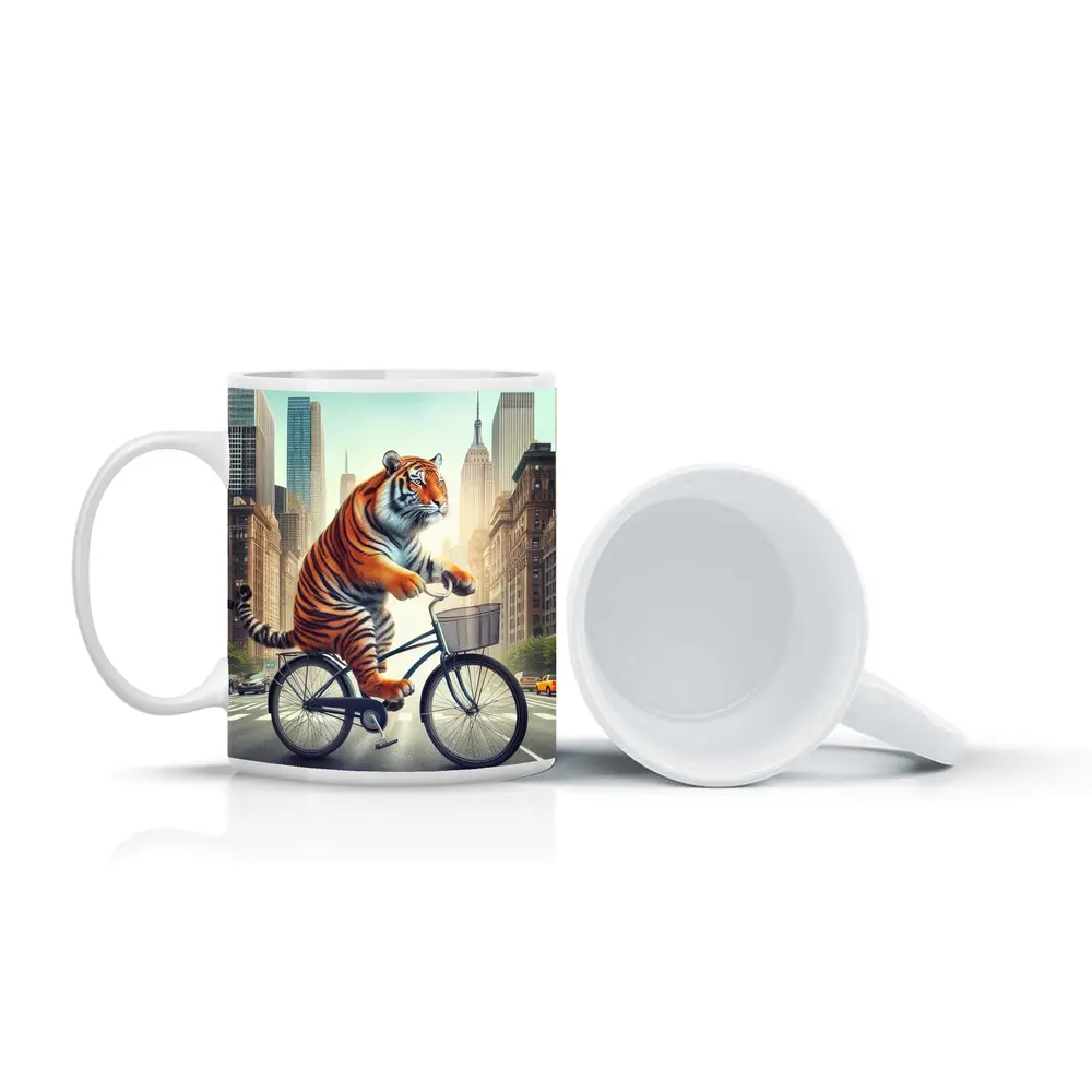 Tiger Riding Bicycle Through City Streets – Mugs