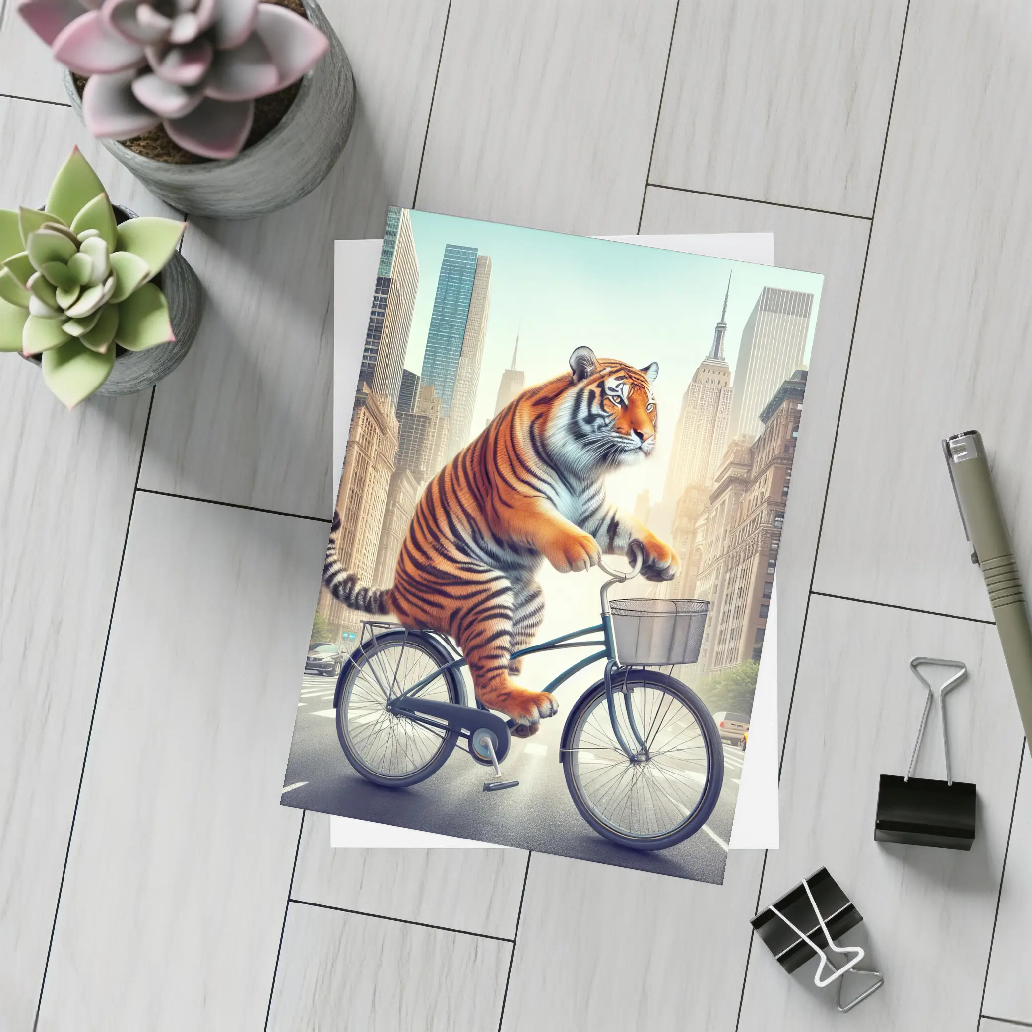 Tiger Riding Bicycle Through City Streets – Postcards
