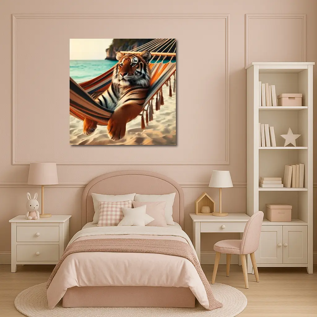 Tiger Relaxing In Hammock On Beach – Wall Art
