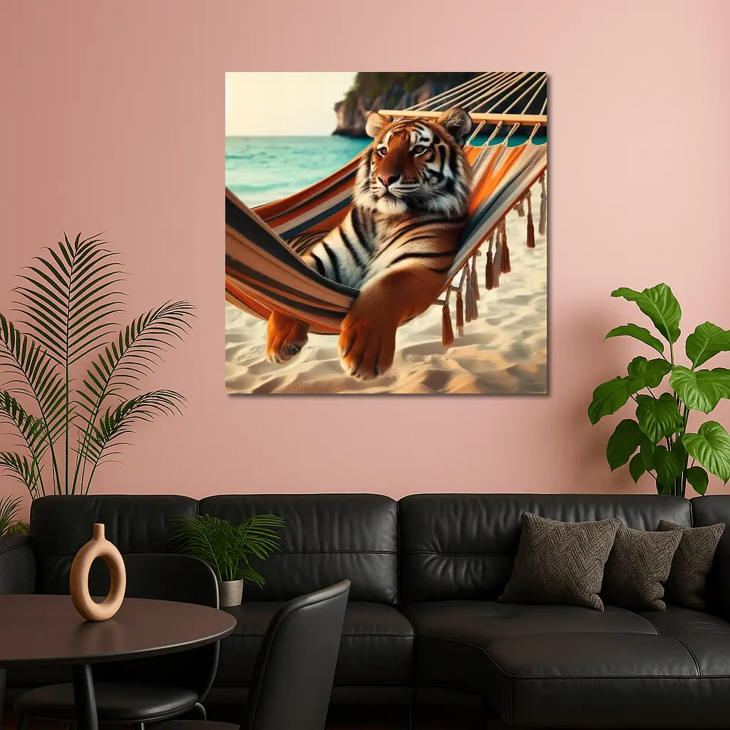 Tiger Relaxing In Hammock On Beach – Wall Art