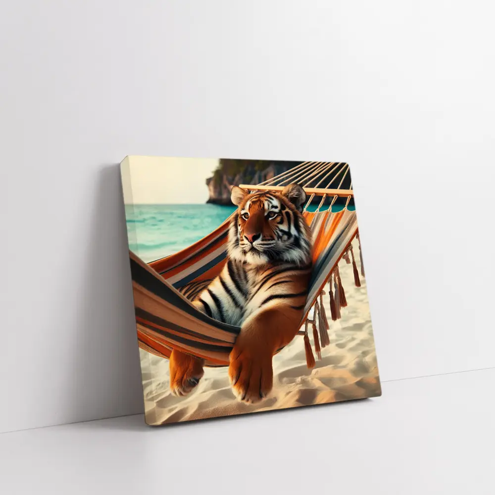 Tiger Relaxing In Hammock On Beach – Wall Art