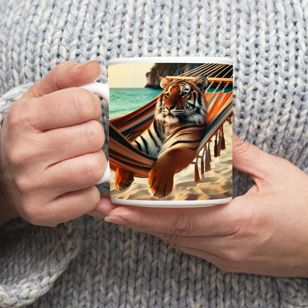 Tiger Relaxing In Hammock On Beach – Mugs