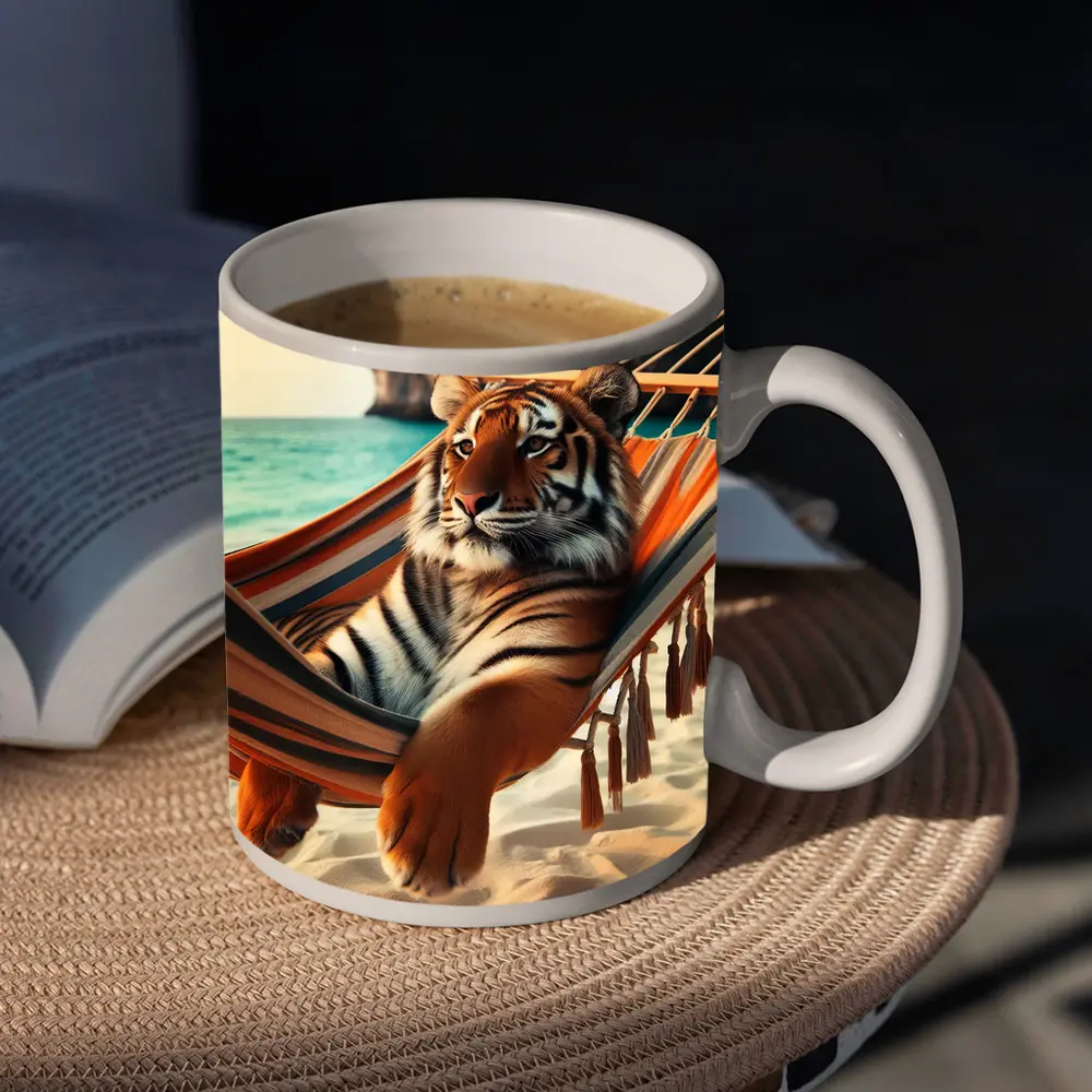 Tiger Relaxing In Hammock On Beach – Mugs
