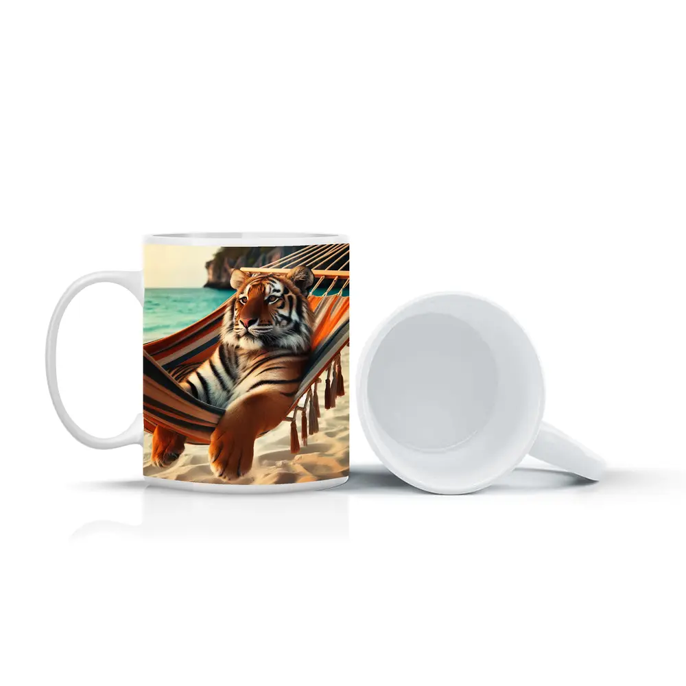 Tiger Relaxing In Hammock On Beach – Mugs