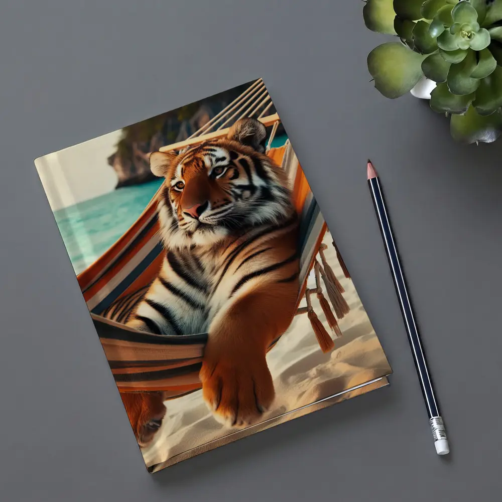 Tiger Relaxing In Hammock On Beach – Notebooks