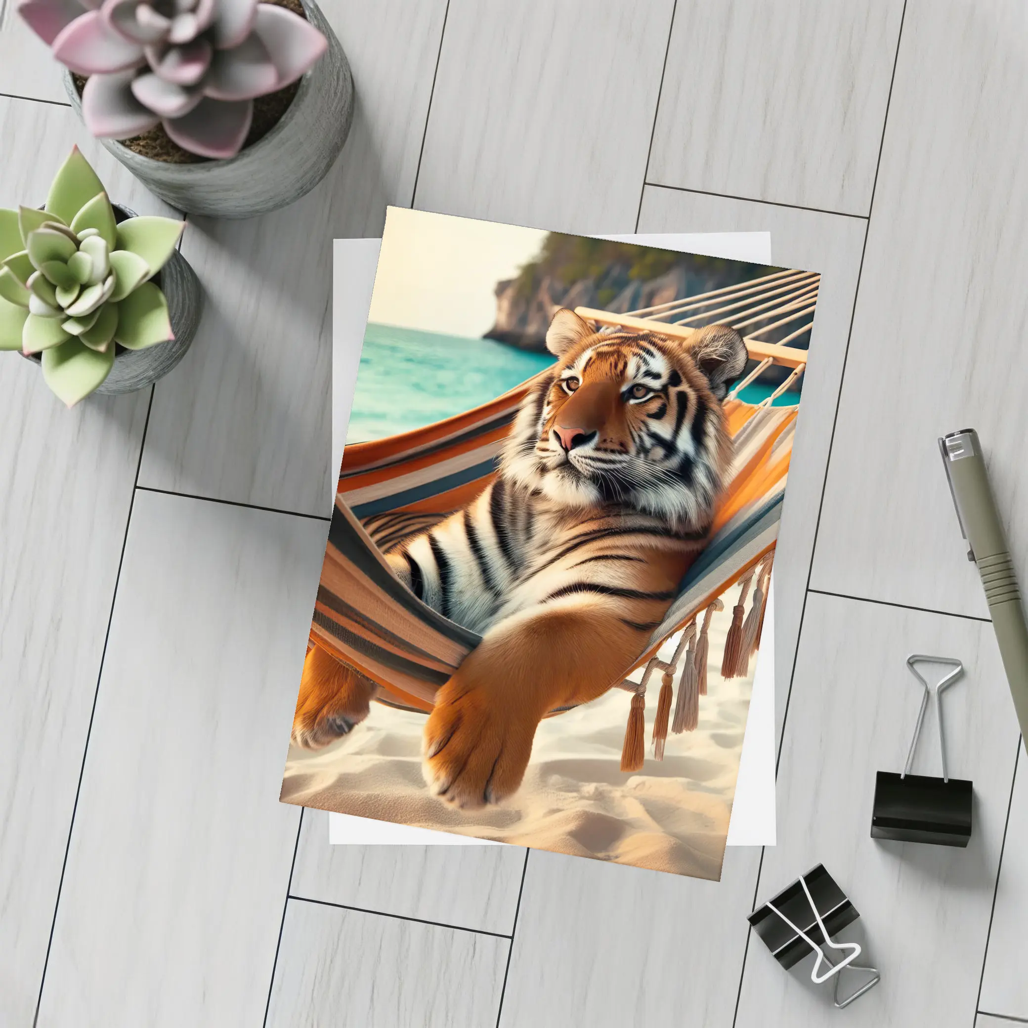 Tiger Relaxing In Hammock On Beach – Postcards