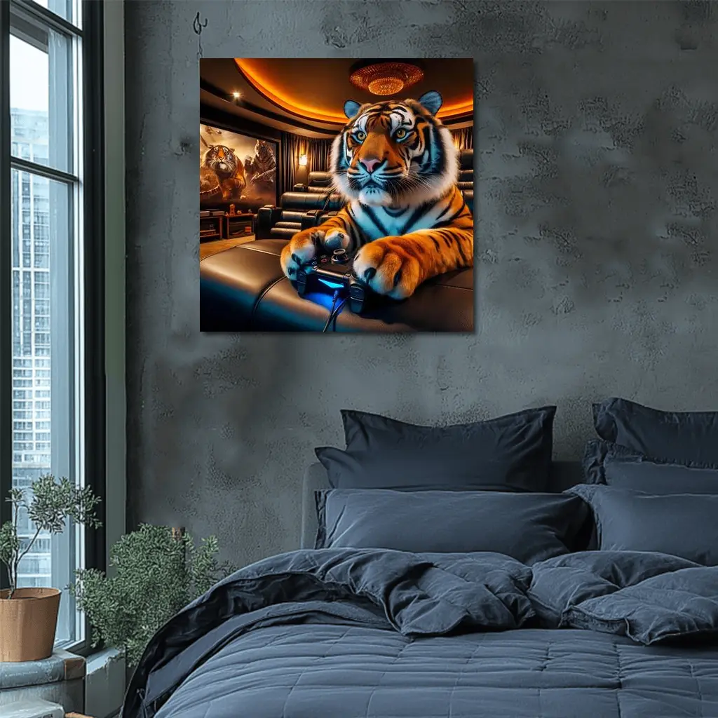 Tiger Playing Video Games Home Theater – Wall Art