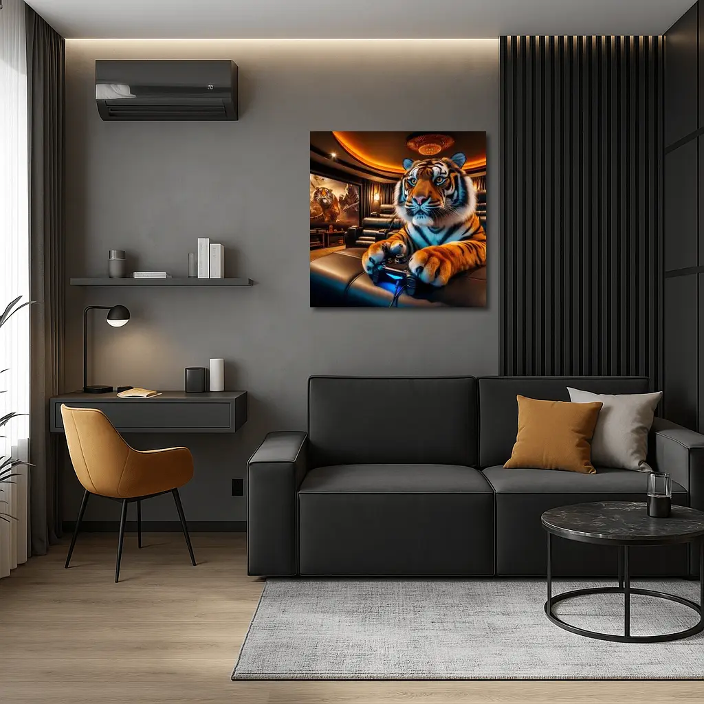 Tiger Playing Video Games Home Theater – Wall Art
