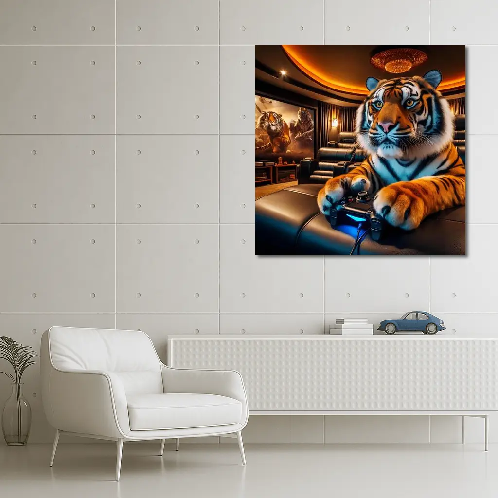 Tiger Playing Video Games Home Theater – Wall Art