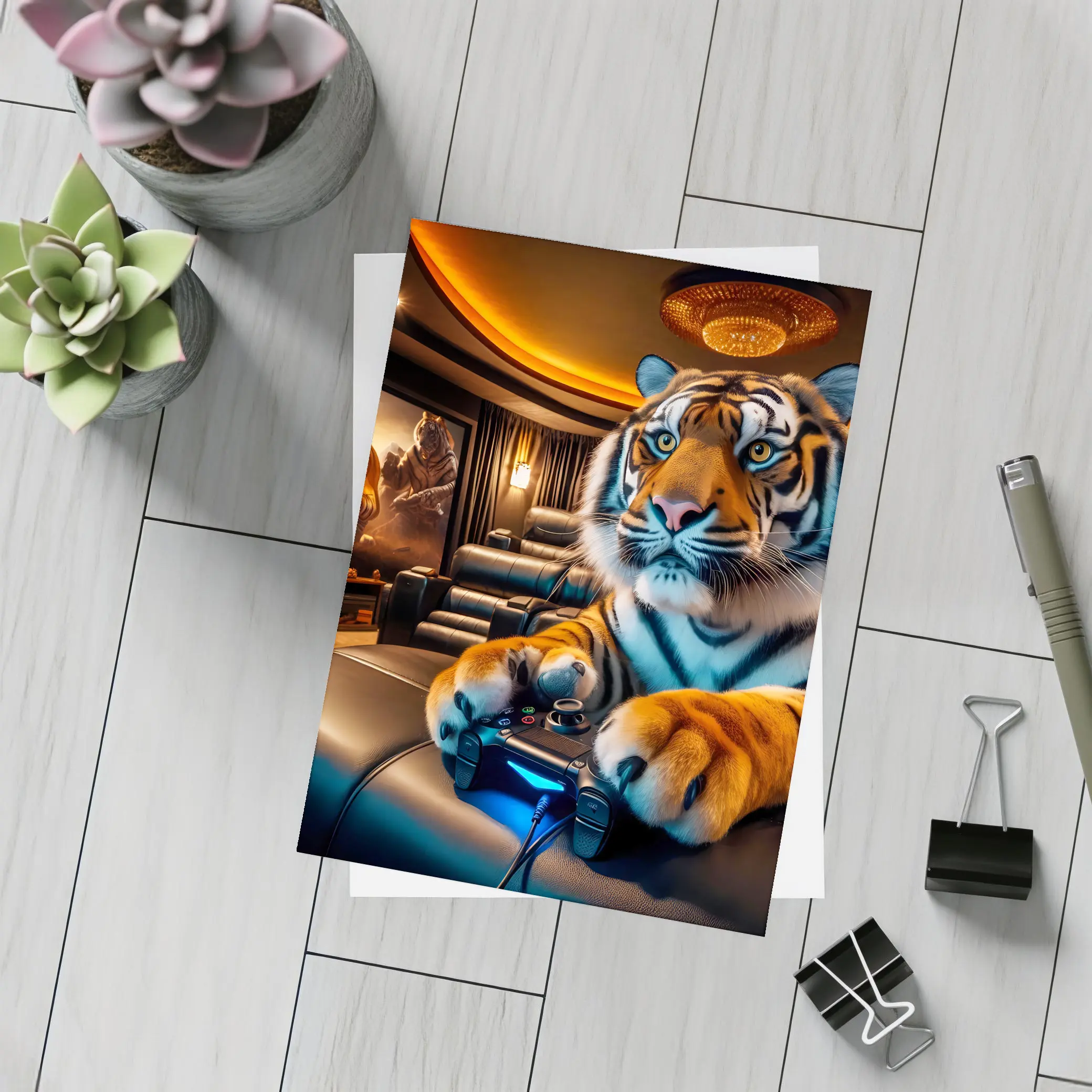 Tiger Playing Video Games Home Theater – Postcards