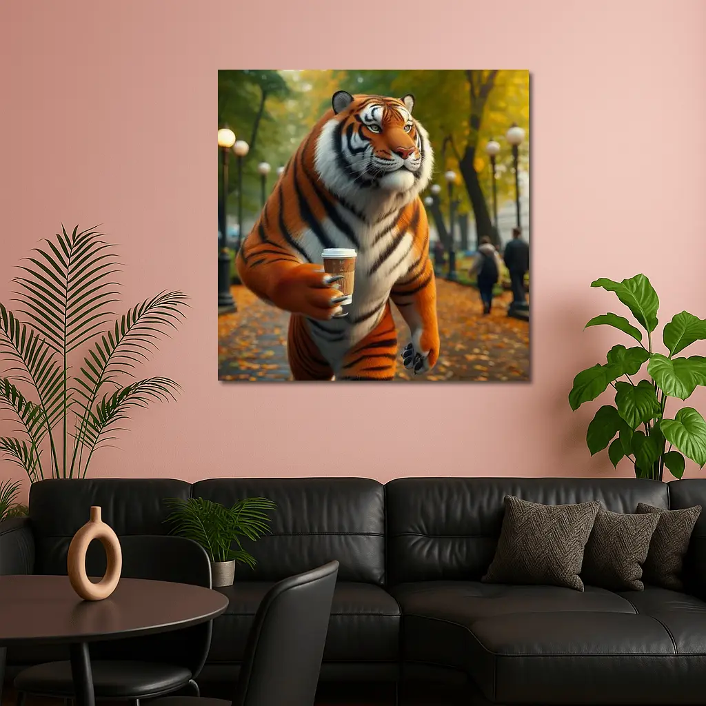 Tiger Holding Coffee Cup in Autumn Park – Wall Art