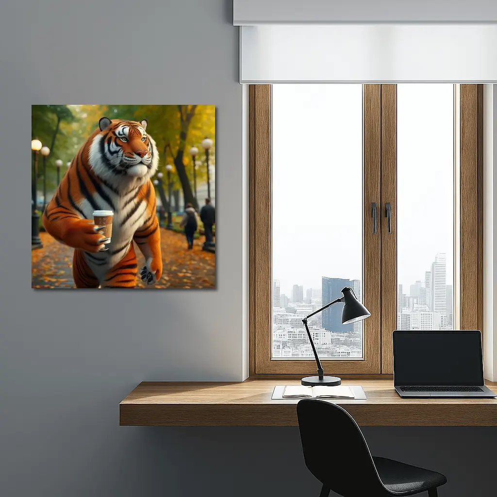 Tiger Holding Coffee Cup in Autumn Park – Wall Art