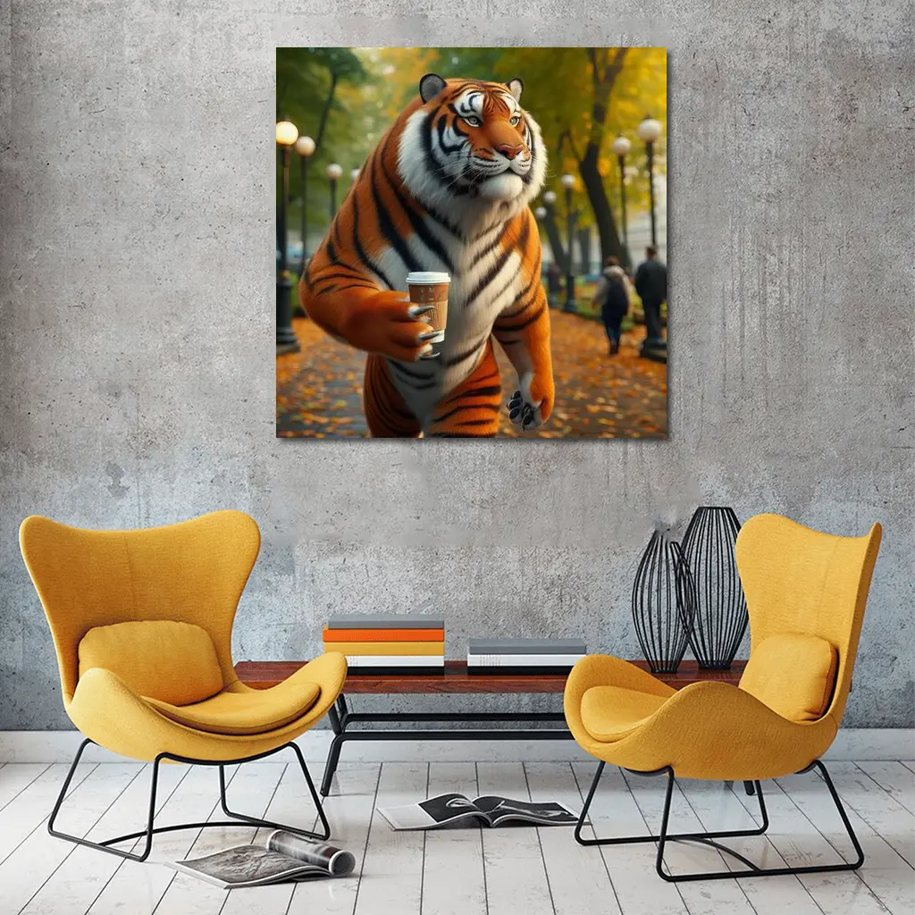 Tiger Holding Coffee Cup in Autumn Park – Wall Art