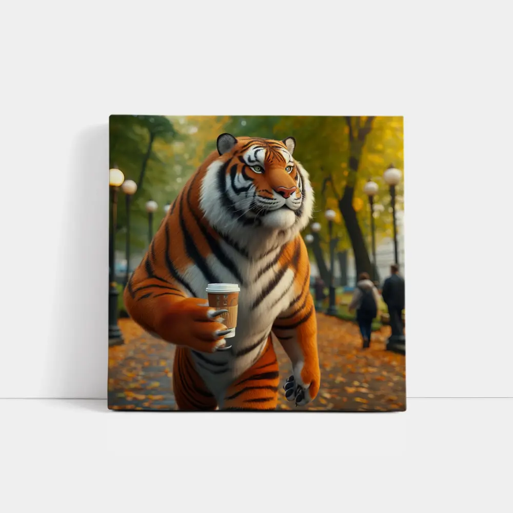 Tiger Holding Coffee Cup in Autumn Park – Wall Art