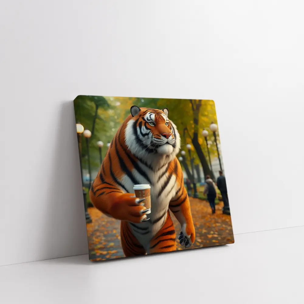Tiger Holding Coffee Cup in Autumn Park – Wall Art