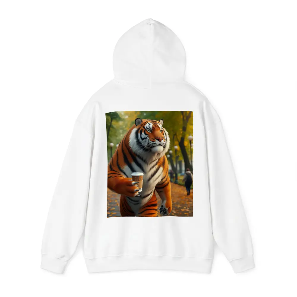 Tiger Holding Coffee Cup in Autumn Park – Hoodies