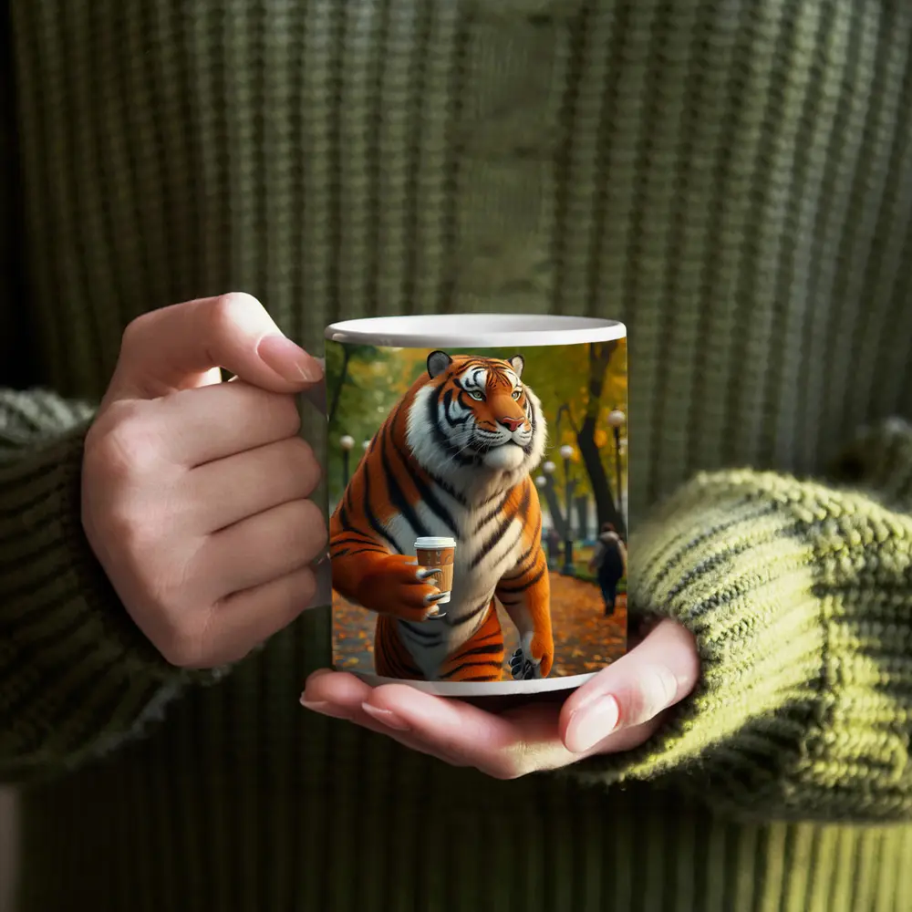 Tiger Holding Coffee Cup in Autumn Park – Mugs