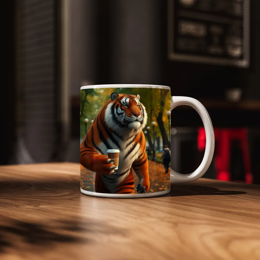 Tiger Holding Coffee Cup in Autumn Park – Mugs